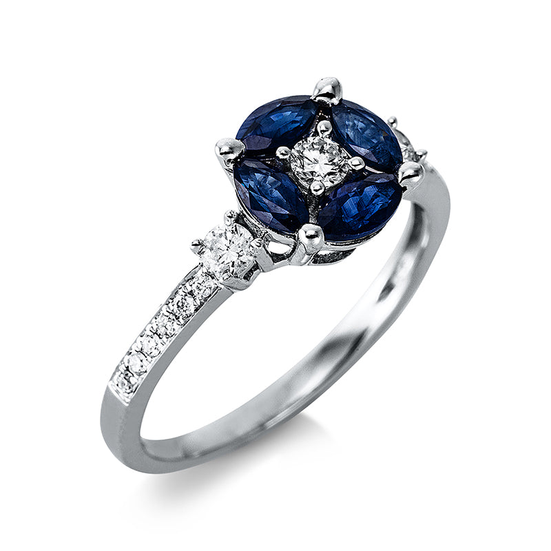 Ring 18 kt WG. 2 Brillanten 0.13 ct. TW-pi. 1 Brill. 0.08 ct. TW-pi. 12 Brillanten 0.07 ct. TW-pi. 4 Saphire 0.86 ct blau. Weite:54
