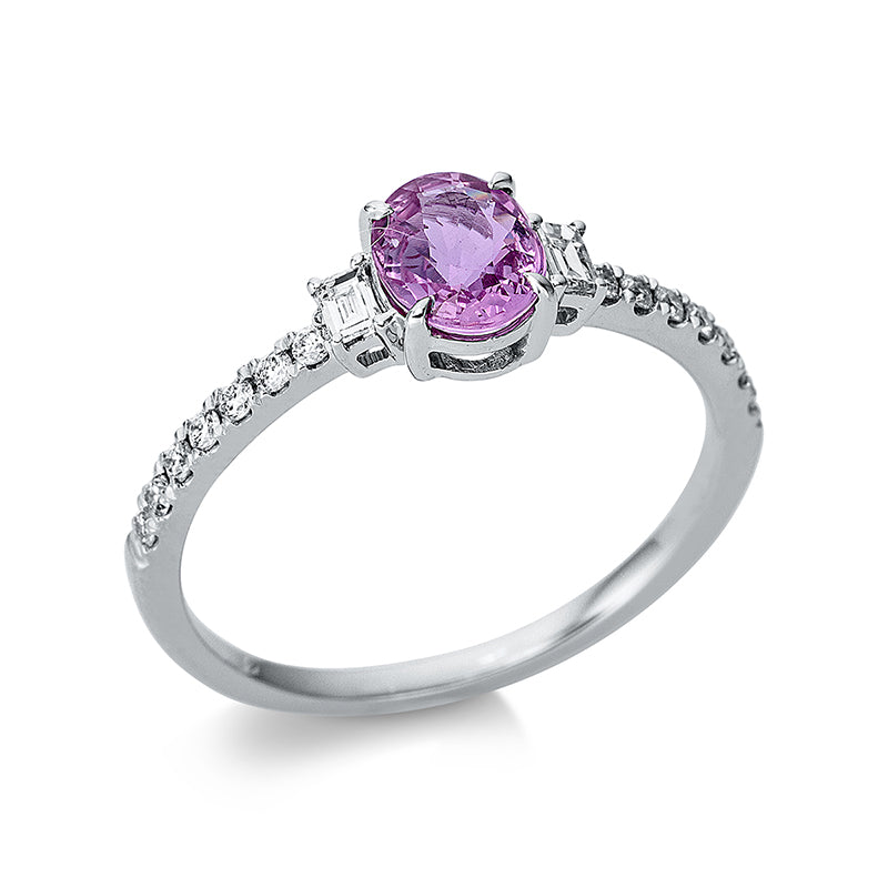 Ring 4er-Krappe 18 kt WG. 2 Baguette 0.07 ct. TW-si. 14 Brillanten 0.14 ct. TW-si. 1 Saphir 0.76 ct pink. Weite:54