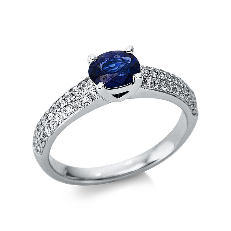Ring 4er-Krappe 18 kt WG. 66 Brillanten 0.40 ct. TW-vsi. 1 Saphir 0.73 ct blau. Weite:54