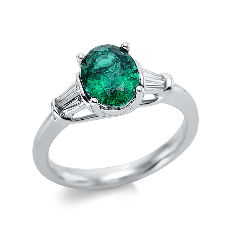 Ring 4er-Krappe 18 kt WG. IGI M3E31410. 4 Trapeze 0.20 ct. TW-vsi. 1 Smaragd 1.96 ct grün. H:15.0 mm. B:8.7 mm. Weite:54