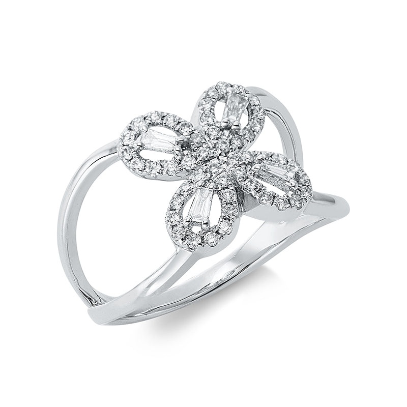 Ring 18 kt WG. 4 Trapeze 0.09 ct. TW-si. 48 Brillanten 0.24 ct. TW-si. H:10.7 mm. B:11.3 mm. Weite:53