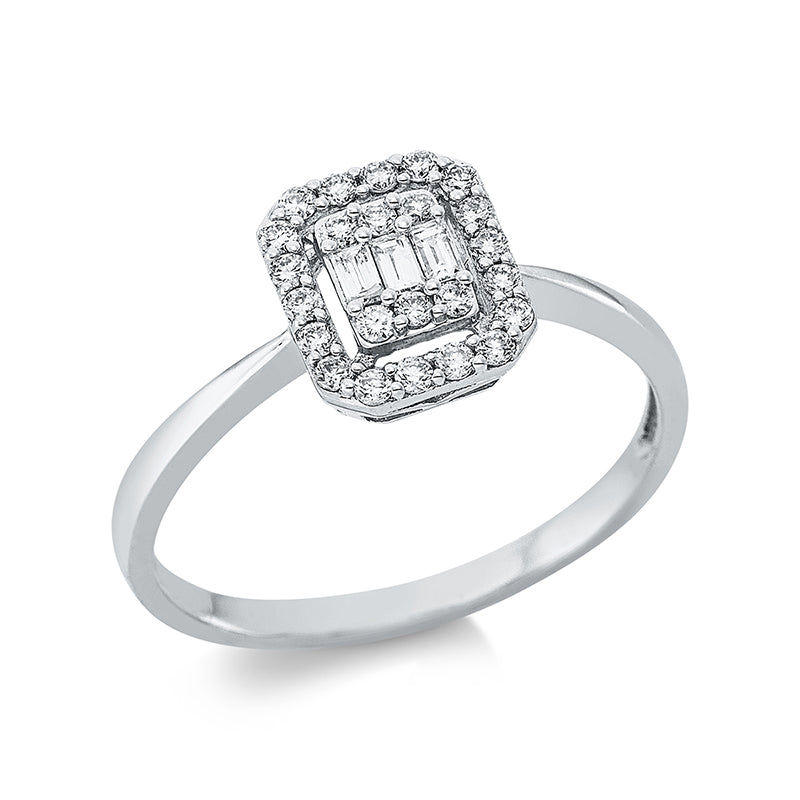Ring 18 kt WG. 3 Baguette 0.07 ct. TW-si. 24 Brillanten 0.19 ct. TW-si. Weite:53