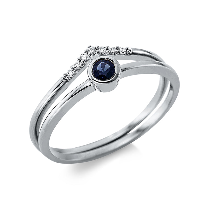 Ring 18 kt WG. 7 Brillanten 0.04 ct. TW-si. 1 Saphir 0.15 ct blau. H:9.6 mm. B:5.5 mm. Weite:54