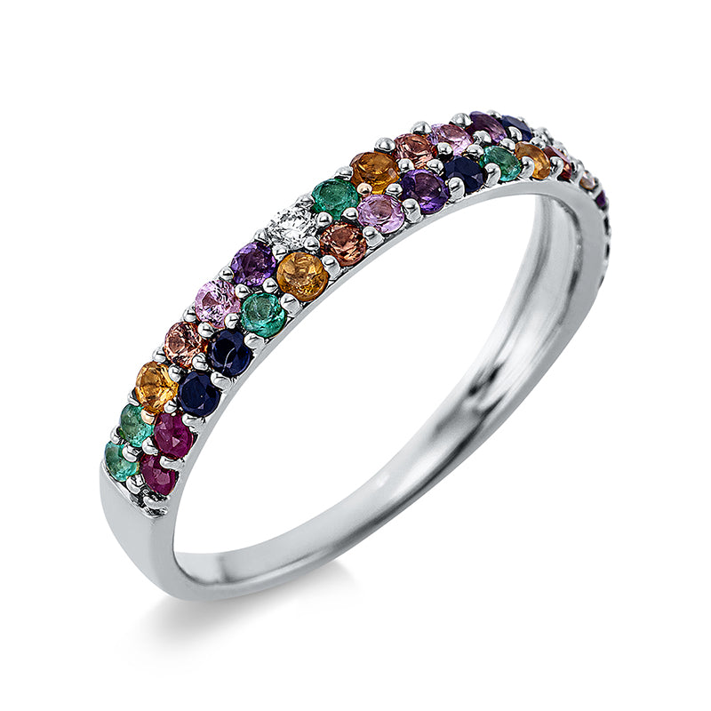 Ring 18 kt WG. 2 Brillanten 0.03 ct. TW-si. 34 Farbsteine 0.59 ct fancy. B:3.1 mm. Weite:54