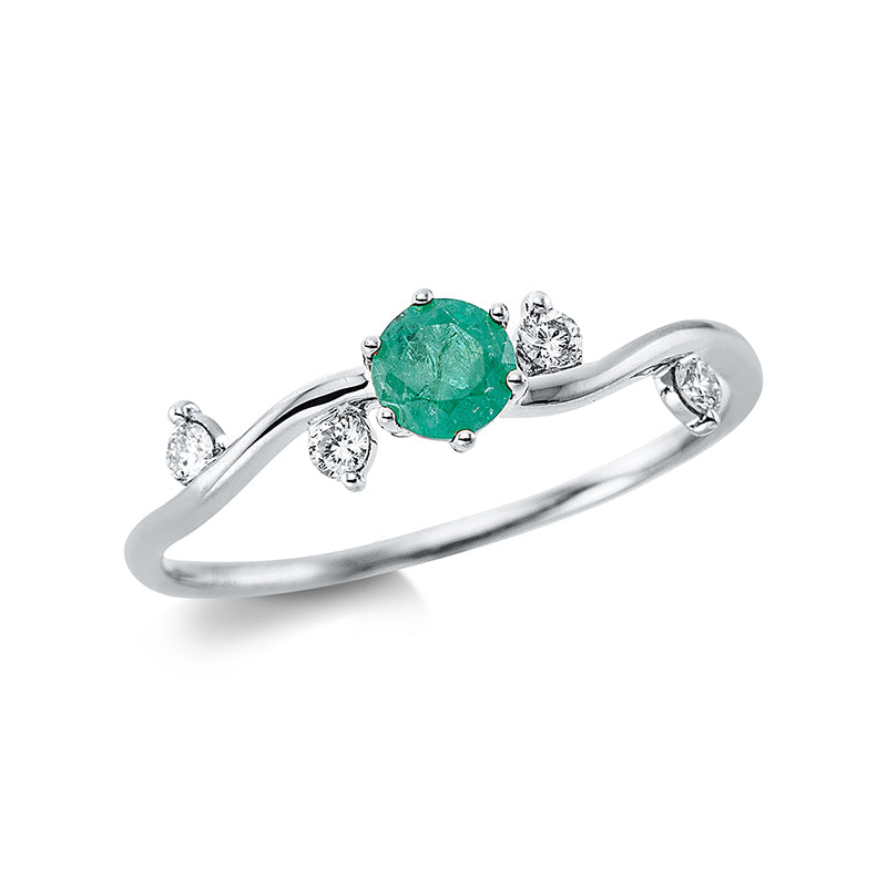 Ring 18 kt WG. 4 Brillanten 0.09 ct. TW-si. 1 Smaragd 0.24 ct grün. H:4.2 mm. B:4.5 mm. Weite:54