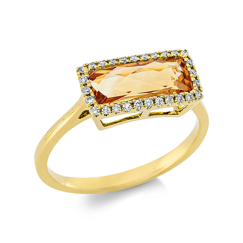 Ring 18 kt GG, 28 Brill. 0,12 ct, TW-si, 1 Citrin 1,60 ct gelb