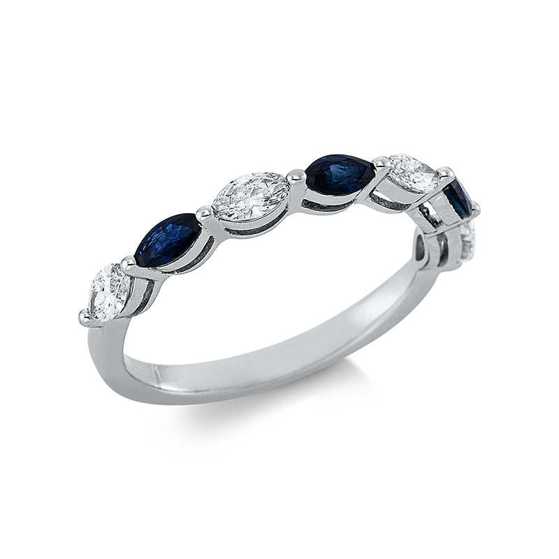 Ring 18 kt WG. 4 Navette 0.41 ct. TW-si. 3 Saphire 0.54 ct blau. Weite:54