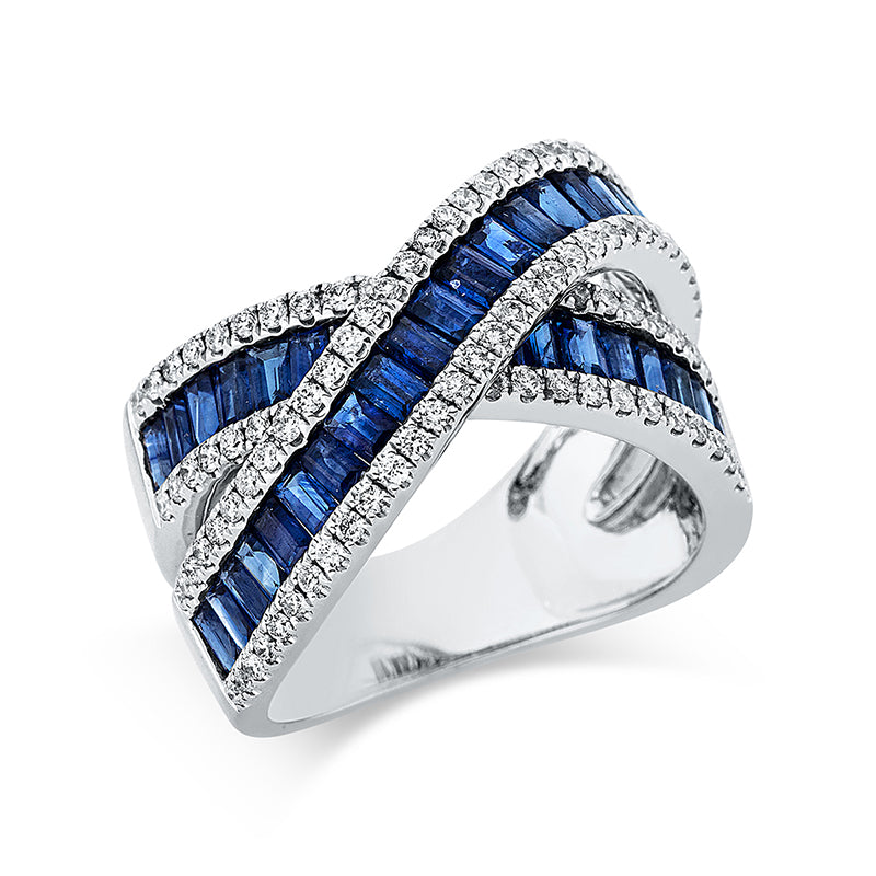 Ring 18 kt WG. 106 Brillanten 0.64 ct. TW-si. 38 Saphire 2.76 ct blau. Weite:54